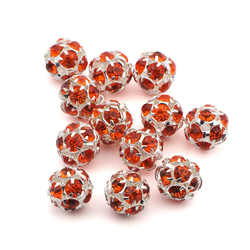 Rhinestone silver tone metal ball beads 10 mm Hyacint Orange Czech glass lot 12pcs