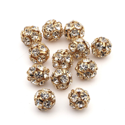 Rhinestone gold tone ball beads 10 mm Clear Crystal Czech glass lot 12pcs