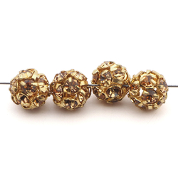 Rhinestone gold tone metal ball beads 8 mm Lt. Topaz Czech glass lot 12pcs