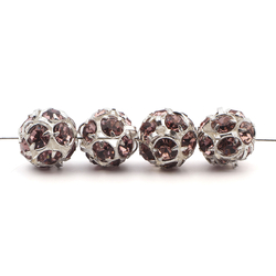 Rhinestone silver tone metal ball beads 12 mm Lt. Amethyst Czech glass lot 8pcs