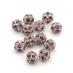 Rhinestone silver tone metal ball beads 12 mm Lt. Amethyst Czech glass lot 8pcs