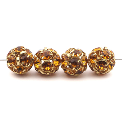 Rhinestone gold tone plated ball beads 12 mm Topaz Czech glass lot 8pcs