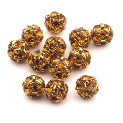 Rhinestone gold tone plated ball beads 12 mm Topaz Czech glass lot 8pcs