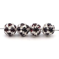 Rhinestone silver tone metal ball beads 10 mm Siam Red Czech glass lot 12pcs