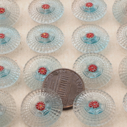 Card (24) vintage Deco Czech red flower aqua blue glass buttons 18mm