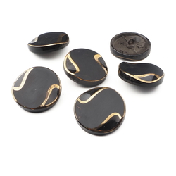 Lot (6) large Czech vintage gold gilt black glass buttons 32mm