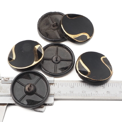 Lot (6) large Czech vintage gold gilt black glass buttons 32mm