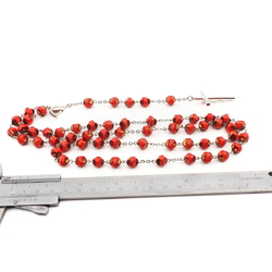 Handmade 5 decade rosary red metallic glass beads silver tone crucifix