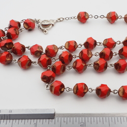 Handmade 5 decade rosary red metallic glass beads silver tone crucifix