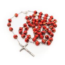 Handmade 5 decade rosary red metallic glass beads silver tone crucifix