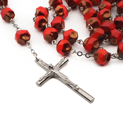 Handmade 5 decade rosary red metallic glass beads silver tone crucifix