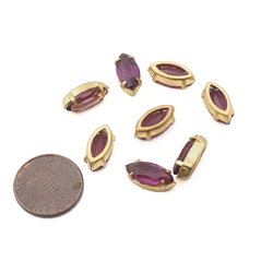 Lot (8) Czech vintage oval marquise prong set amethyst glass rhinestones 15x7mm