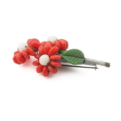 Vintage Czech flower pin brooch red rondelle green leaf glass beads