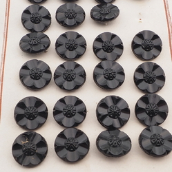 Card (23) vintage Czech black flower glass buttons 13mm