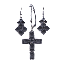 Czech black mourning glass Victorian style crucifix necklace and earring set