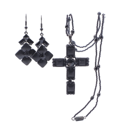 Czech black mourning glass Victorian style crucifix necklace and earring set