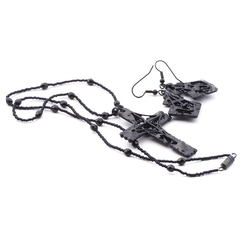 Czech black mourning glass Victorian style crucifix necklace and earring set