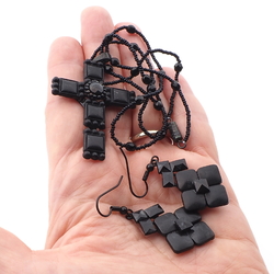Czech black mourning glass Victorian style crucifix necklace and earring set