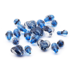 Lot (19) vintage Czech black swirl blue round oval heart lampwork glass beads