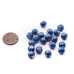 Lot (20) vintage Czech satin floral blue lampwork glass beads 8mm