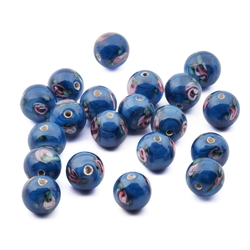 Lot (20) vintage Czech satin floral blue lampwork glass beads 8mm