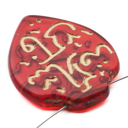 Vintage Czech gold gilt oriental red heart pendant glass bead 34mm