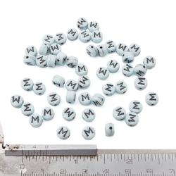 Lot (50) Czech vintage white letter M alphabet disc glass beads 7mm
