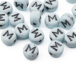 Lot (50) Czech vintage white letter M alphabet disc glass beads 7mm