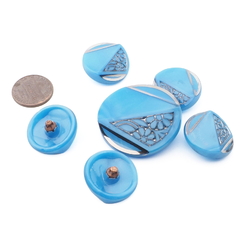 Lot (6) rare Vintage 1920's Czech geometric floral blue satin glass buttons 23/36mm