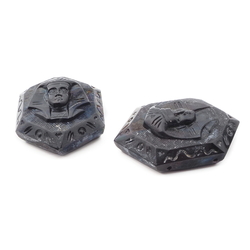 Lot (2) Antique Deco Czech 2 hole hexagon Egyptian revival Pharaoh black connector glass beads
