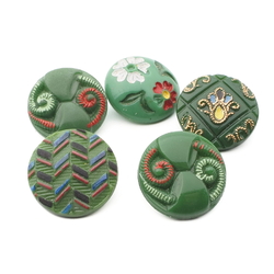 Lot (5) Czech Deco vintage hand painted green glass buttons 18mm