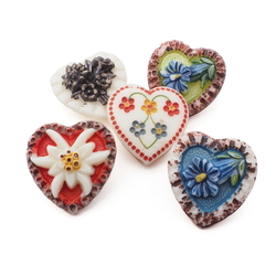 Lot (5) Czech Deco vintage hand painted floral heart glass buttons white uranium 18mm