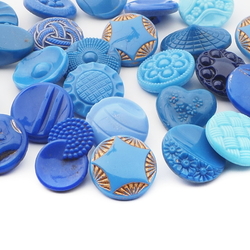 Lot (26) Czech 30's vintage blue glass buttons geometric floral fabric