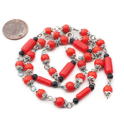 Lot (44) Czech vintage round bugle connector wired red black glass beads