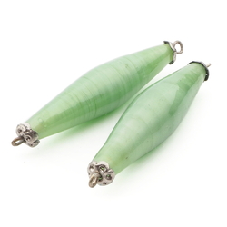 Lot (2) Czech antique green satin cased oval connector lampwork glass beads 42mm