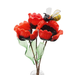 Czech lampwork glass bead red poppy flowers and bee stem ornament