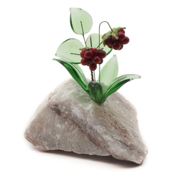Czech lampwork glass bead wild alpine flower berries on stone art ornament 