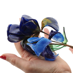Czech lampwork glass bead blue iris flowers stem ornament