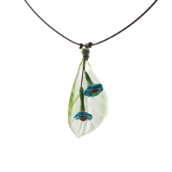 Czech lampwork green leaf forget me not blue flower glass bead necklace