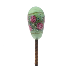Vintage Czech pink floral green satin oval lampwork glass chandelier finial screw thread bead