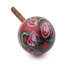 Vintage Czech pink floral red lampwork glass ball chandelier finial threaded bead