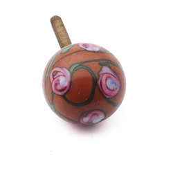 Vintage Czech pink floral brown lampwork glass ball chandelier finial screw thread bead