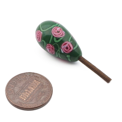 Vintage Czech pink floral green oval lampwork glass chandelier finial screw thread bead