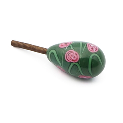 Vintage Czech pink floral green oval lampwork glass chandelier finial screw thread bead
