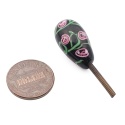 Vintage Czech pink floral black oval lampwork glass chandelier finial screw thread bead