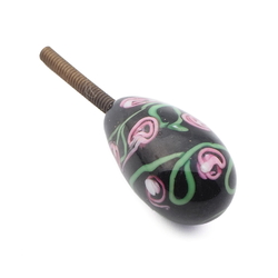 Vintage Czech pink floral black oval lampwork glass chandelier finial screw thread bead