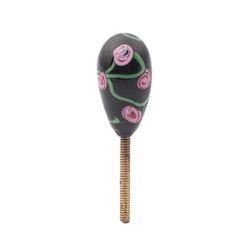 Vintage Czech pink floral black oval lampwork glass chandelier finial screw thread bead