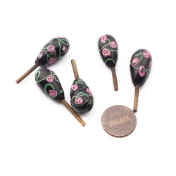Vintage Czech pink floral black oval lampwork glass chandelier finial screw thread bead