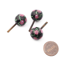 Vintage Czech pink floral black lampwork glass ball chandelier finial screw thread bead