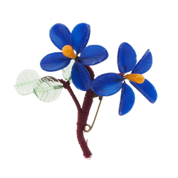 Vintage Czech lampwork glass bead double dark blue flower pin brooch